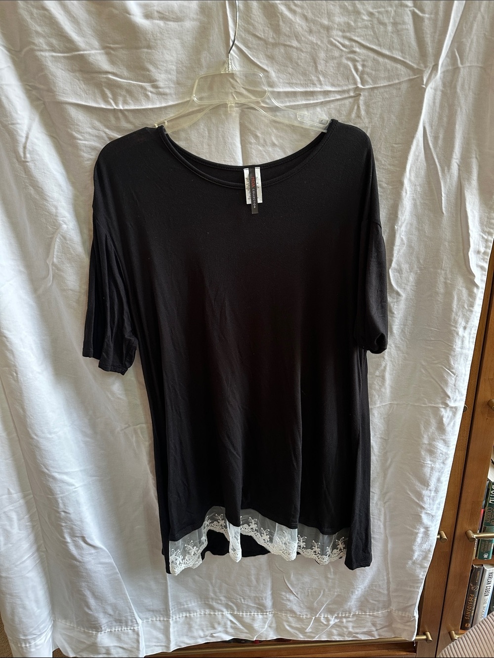 ALOHA Collection Black Short Sleeve Top with Lace Hem